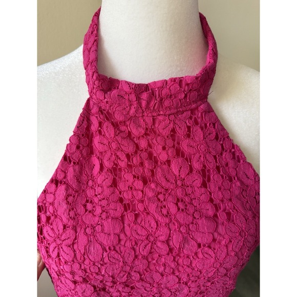 Zara Lace Halter Dress Womens Medium Pink Fuchsia Midi Floral Open Back Pencil - Picture 7 of 16